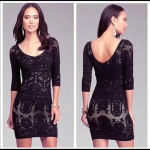 Bebe Lace Drama Bodycon Dress Black Nude XS/S